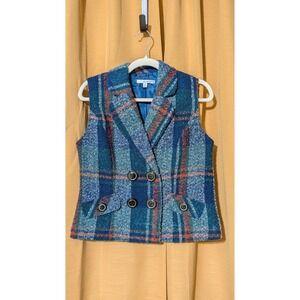 Cabi 908 Blue Green Plaid Wool Blend Double Breasted Vest Womens Medium M